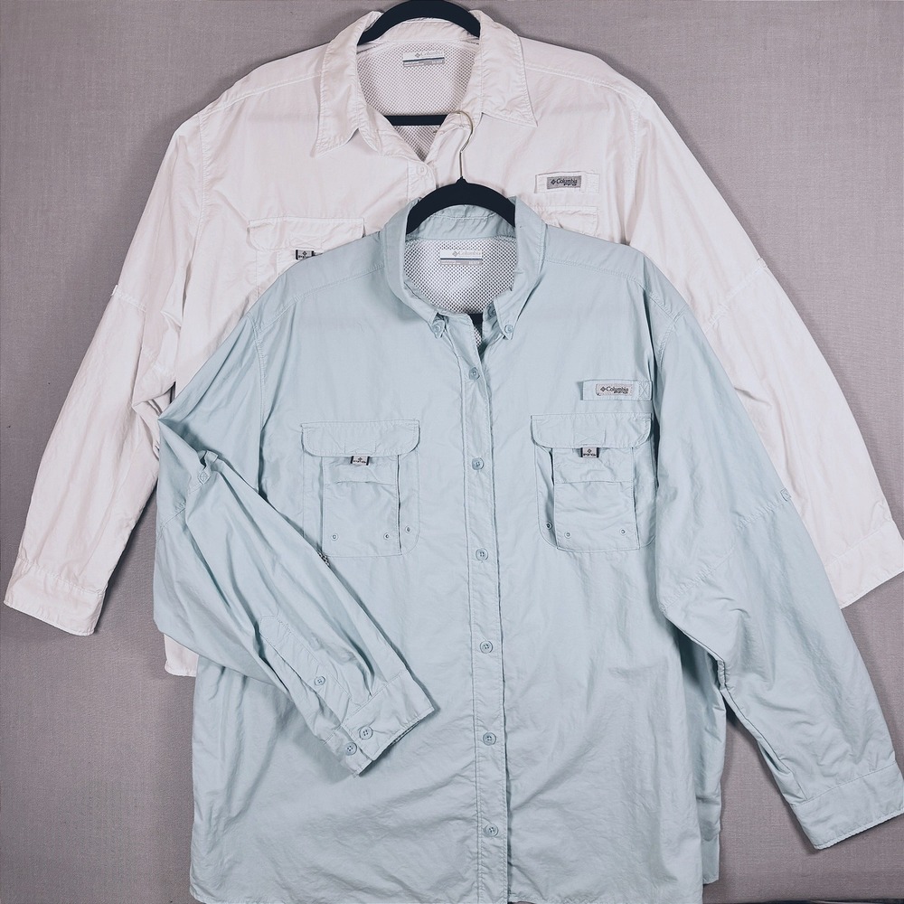 Lot of Two Columbia Fishing Shirts Men 3X White Blue PFG Long Sleeve Ventilated